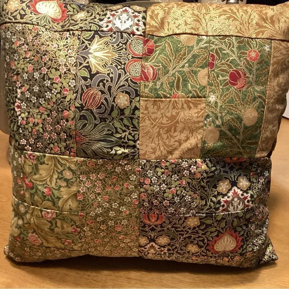 Hand Crafted Green Gold BWilliam Morris Prints Floral Patchwork Accent Pillow